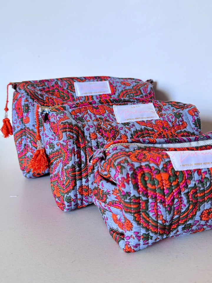 Trousse de toilette matelassée en coton – Paisley Gris Bleu