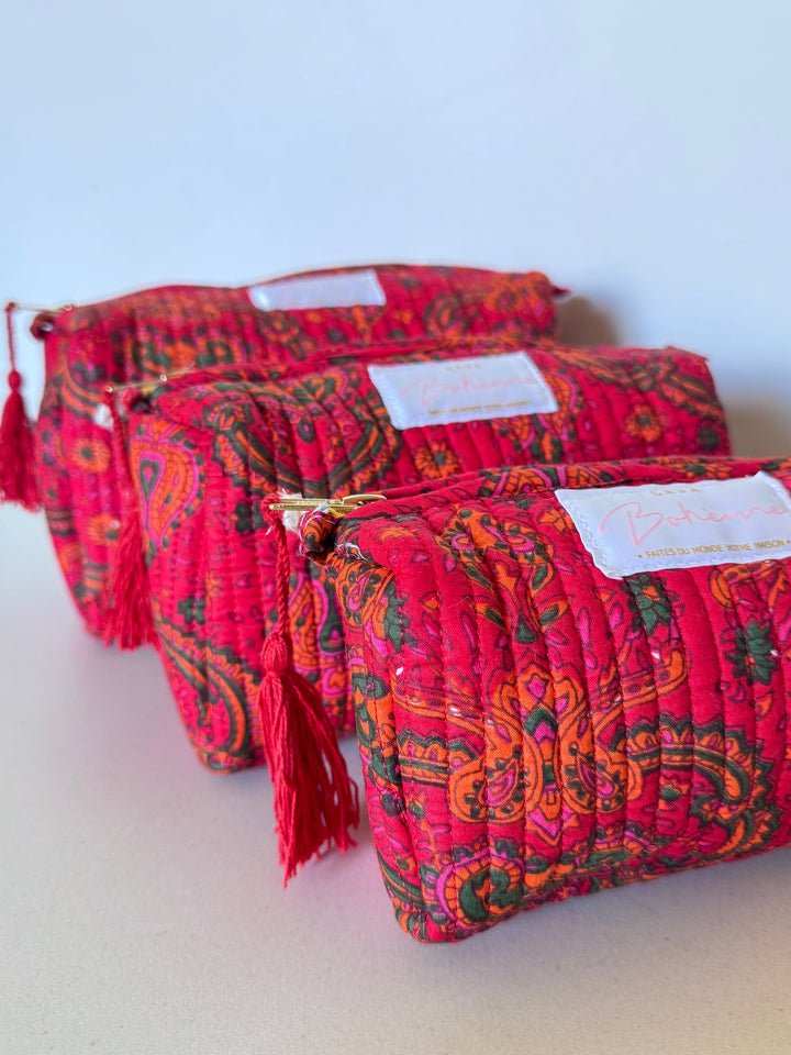 Trousse de toilette matelassée en coton – Paisley Rouge