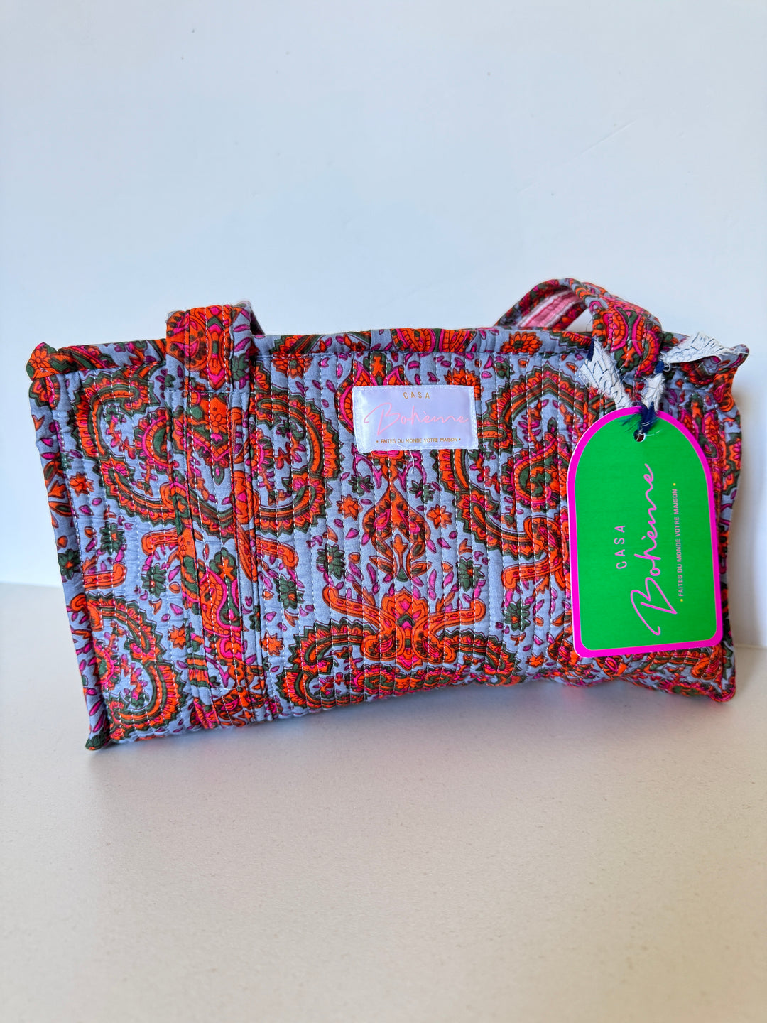 Petit cabas matelassé en coton – Paisley Bleu Gris