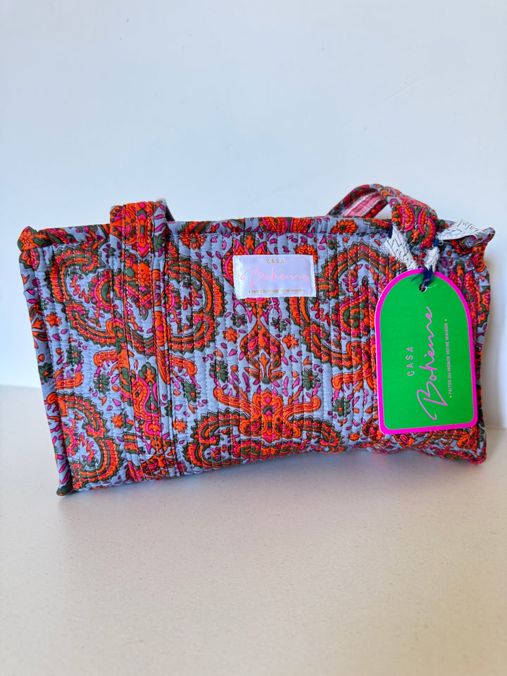 Petit cabas matelassé en coton – Paisley Bleu Gris