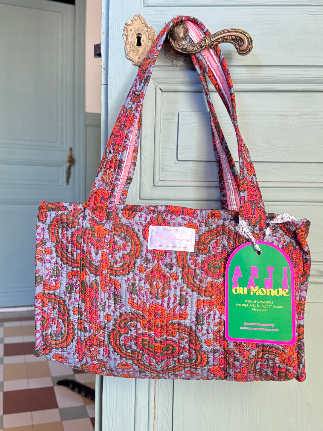 Petit cabas matelassé en coton – Paisley Bleu Gris