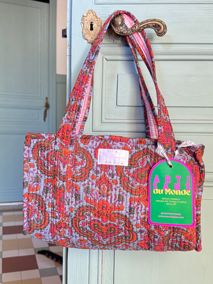Petit cabas matelassé en coton – Paisley Bleu Gris