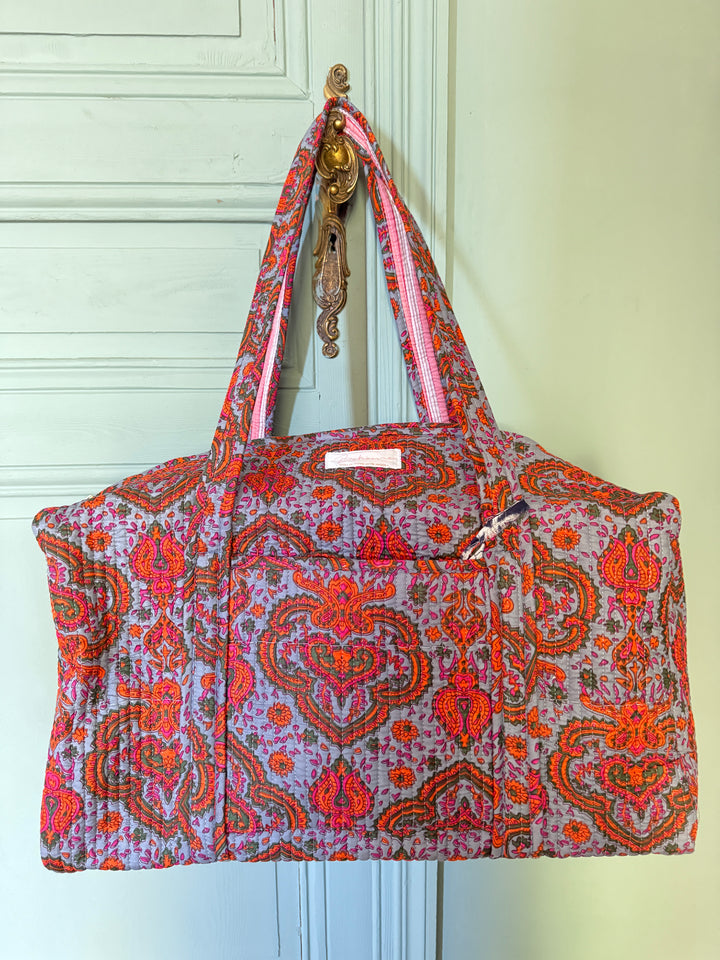 Sac Weekend matelassé en coton – Paisley Bleu Gris