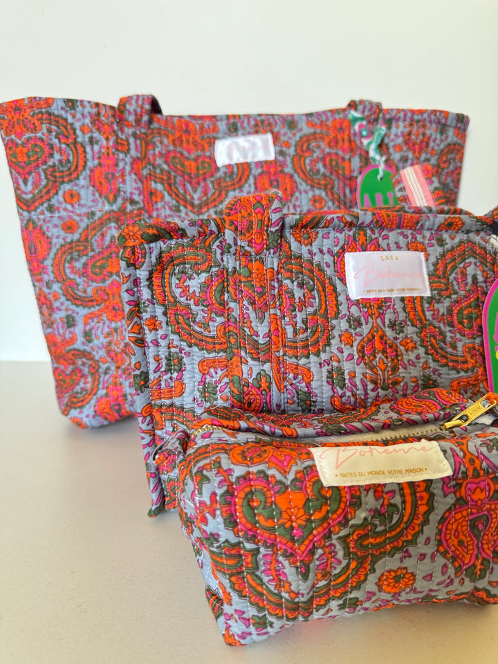 Cabas matelassé en coton – Paisley Bleu Gris