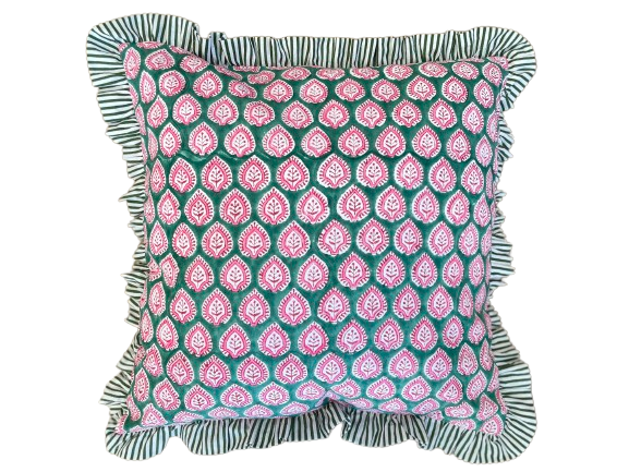 Coussin à volants - VERT ET ROSE